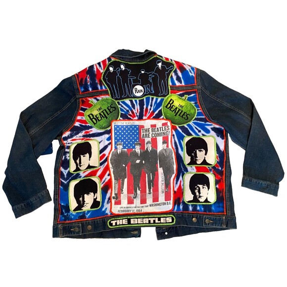 The Beatles Denim Jacket Men's 3XL Upcycled T-Shirt Patchwork Retro Hippie Music